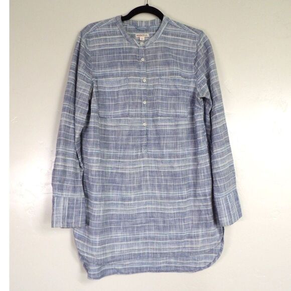 Merona Denim Blue Henley Striped Boyfriend Shirt Tunic Cotton Blouse | Large‎ - Picture 2 of 8